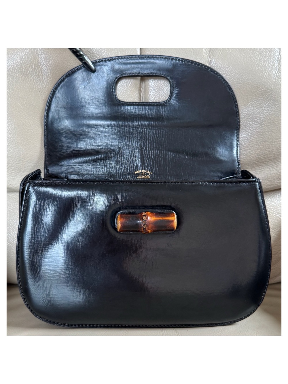 Rare Authentic Vintage Gucci 1947 Black Leather Bamboo Top Handle Turn Lock Bag - Picture 6 of 15